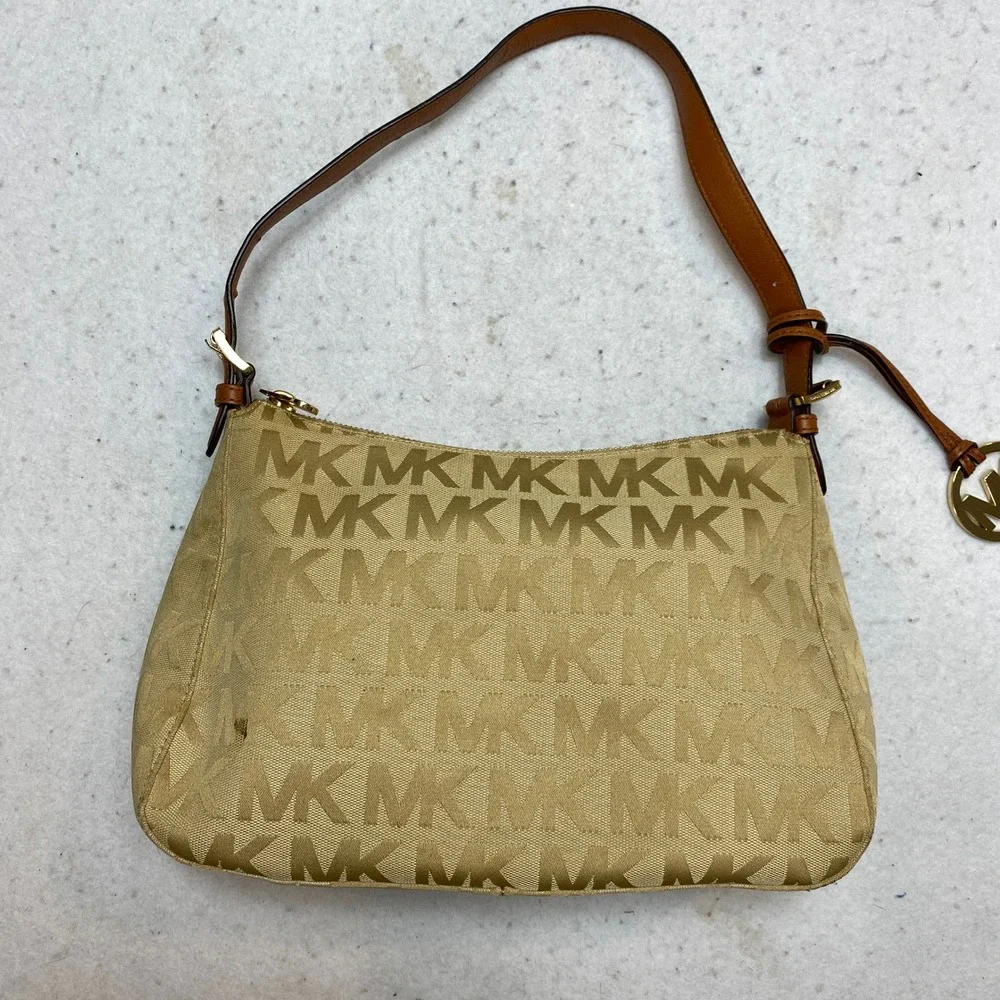 Michael Kors Monogram Jacquard Shoulder Bag Tan Beige Gold Hardware Baguette